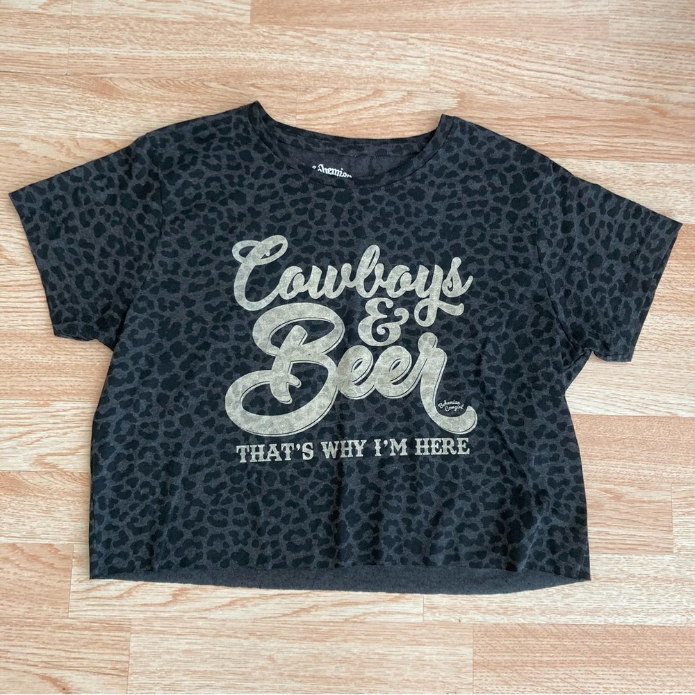 Bohemian Cowgirl Cropped Leopard Print Western Short Sleeve Tee Shirt Large